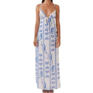 Peppermayo Maxi Dress Blue White Floral Tie Front Cutout NWT Size  US 2 Boho